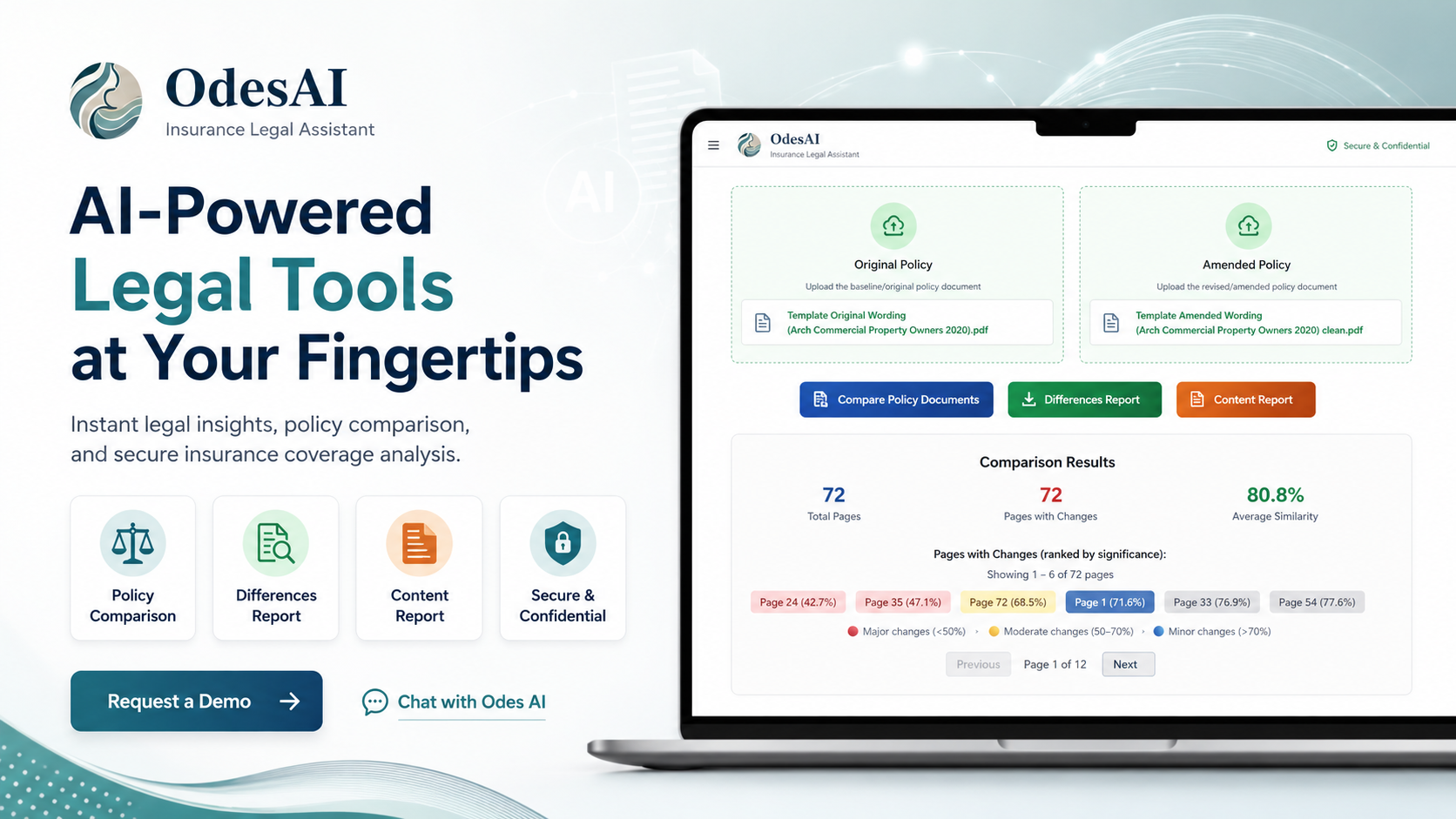 Odes AI dashboard showing policy comparison and differences report